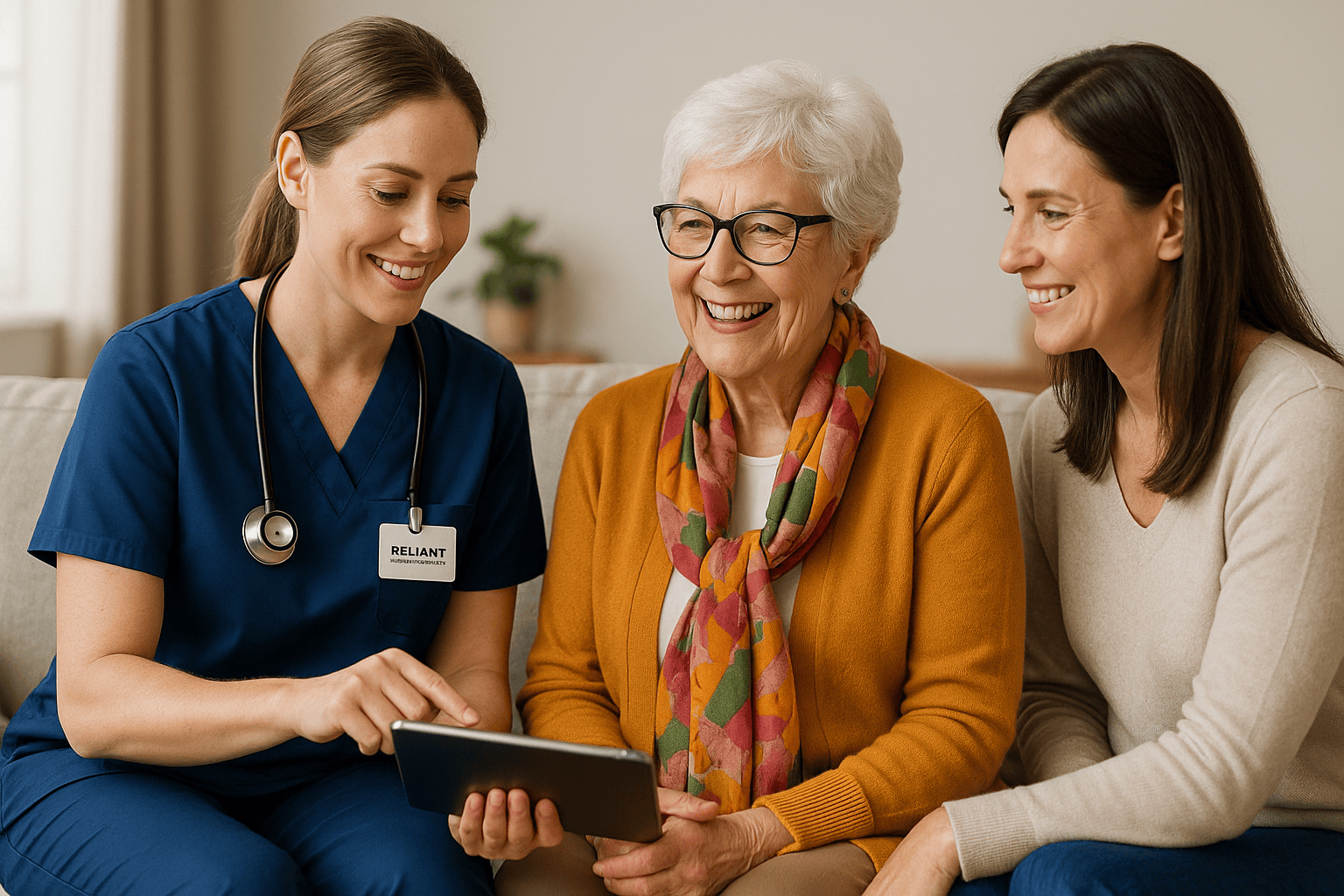 Reliant Healthcare nurse shows a digital care plan to a fashionably dressed older woman, who smiles alongside her daughter in a sunlit living room.